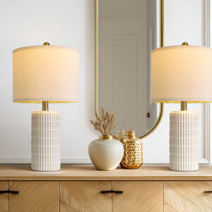 White Modern Ceramic Table Lamp Set of 2 – Rustic Farmhouse Nightstand Lamps
