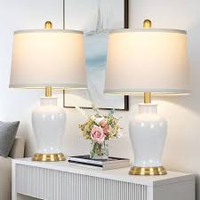 White Ceramic Table Lamps Set of 2 – 23" Modern Ginger Jar Bedside Lamps